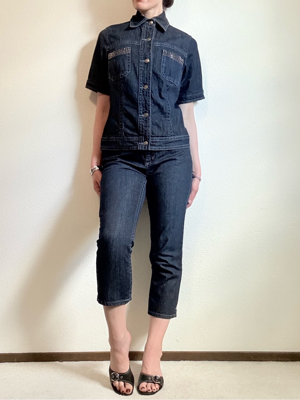Vintage Chico’s Set Denim Button Up Shirt & Capris 90s Retro Chic Rhinestones